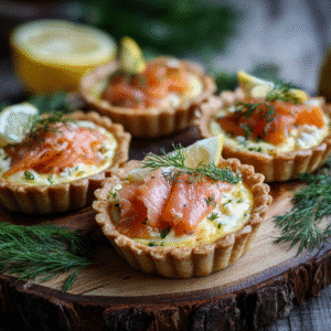 smoked salmon tartlets on puff pastry with dill and lemon