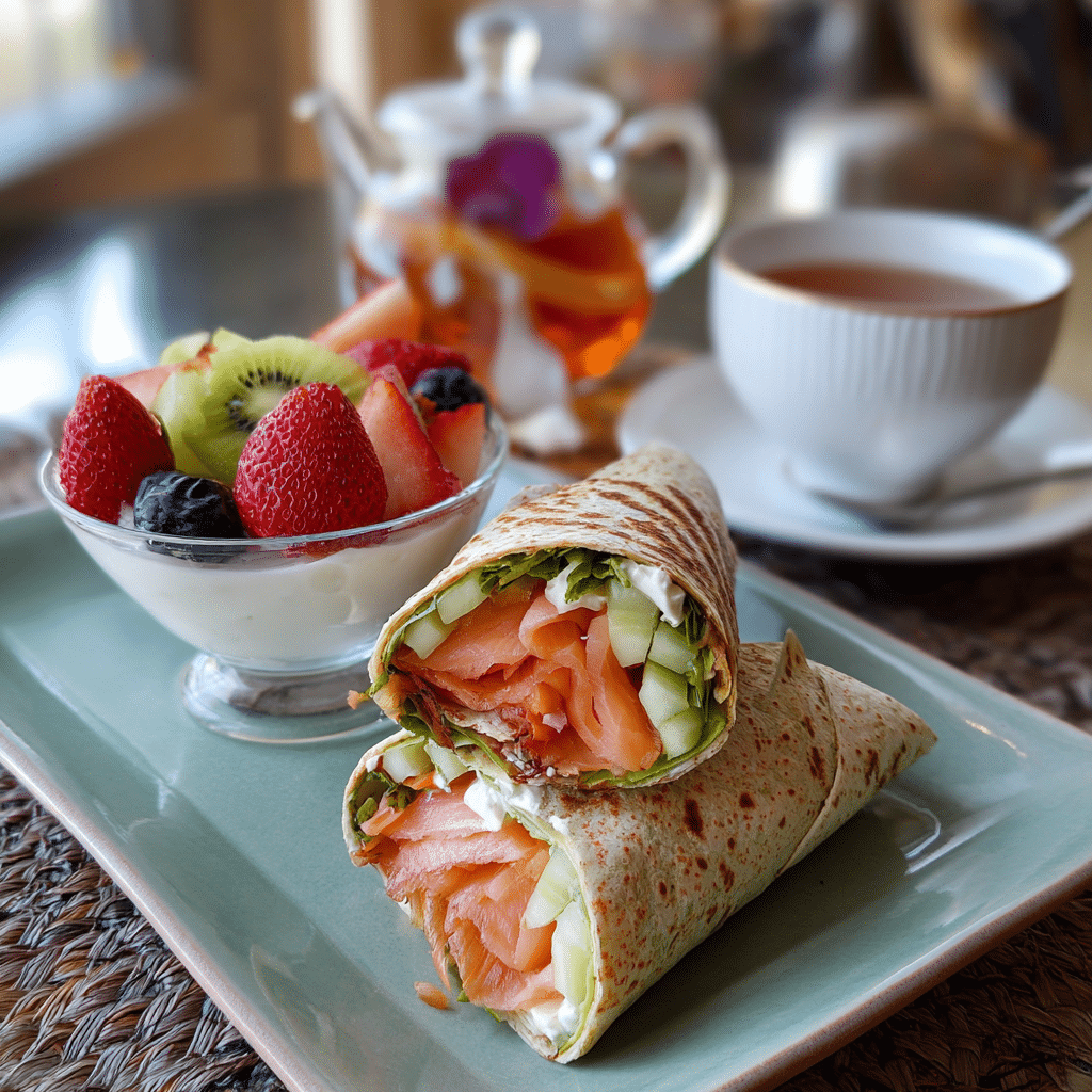 Smoked Salmon Veggie Wrap: A Colorful, Healthy Breakfast To Start Your Day Right 5 Smoked salmon veggie wrap breakfast with tea and fruit