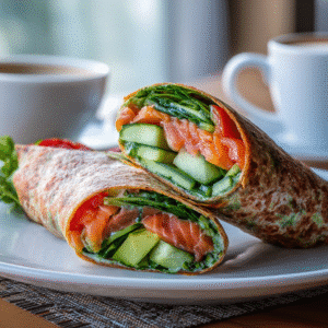 Smoked Salmon Veggie Wrap: A Colorful, Healthy Breakfast To Start Your Day Right 2 Smoked salmon veggie wrap with colorful vegetables for breakfast