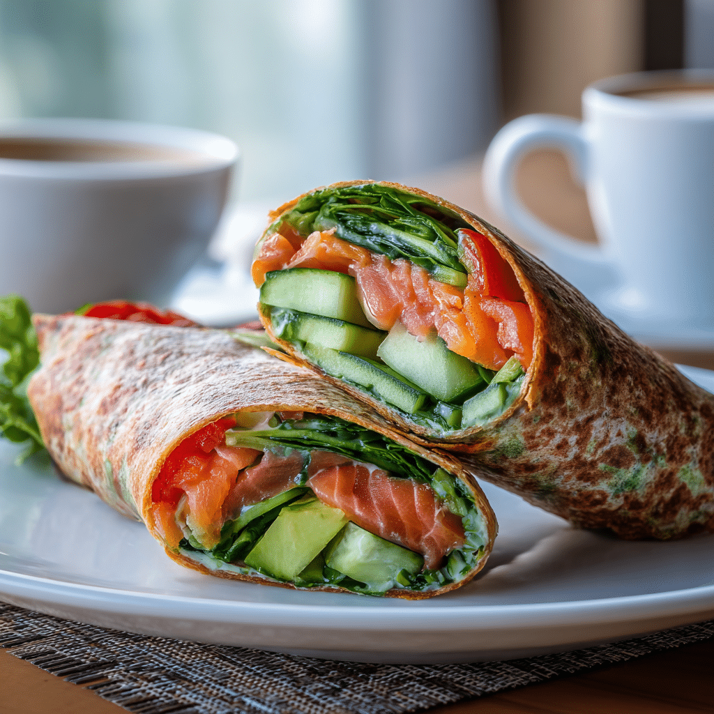 Smoked salmon veggie wrap with colorful vegetables for breakfast