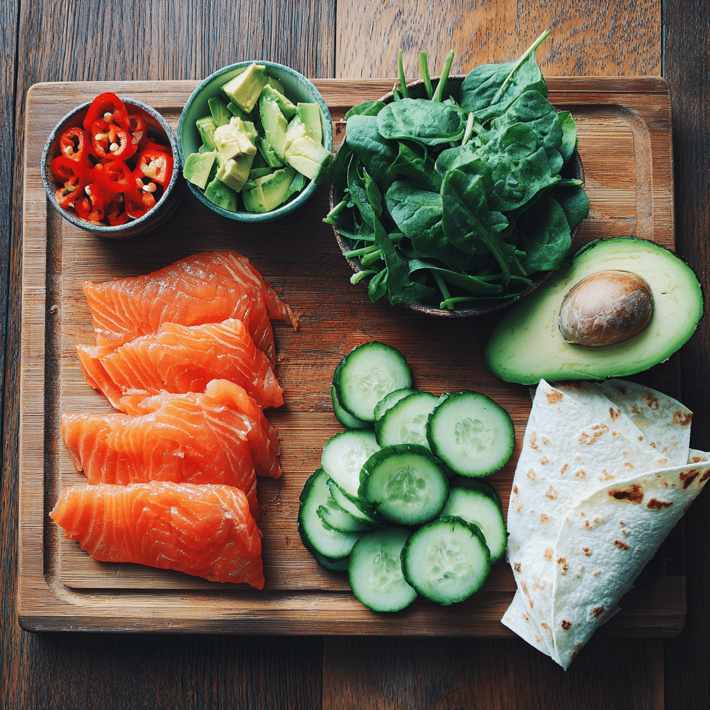Smoked Salmon Veggie Wrap: A Colorful, Healthy Breakfast To Start Your Day Right 3 Fresh ingredients for smoked salmon veggie wrap