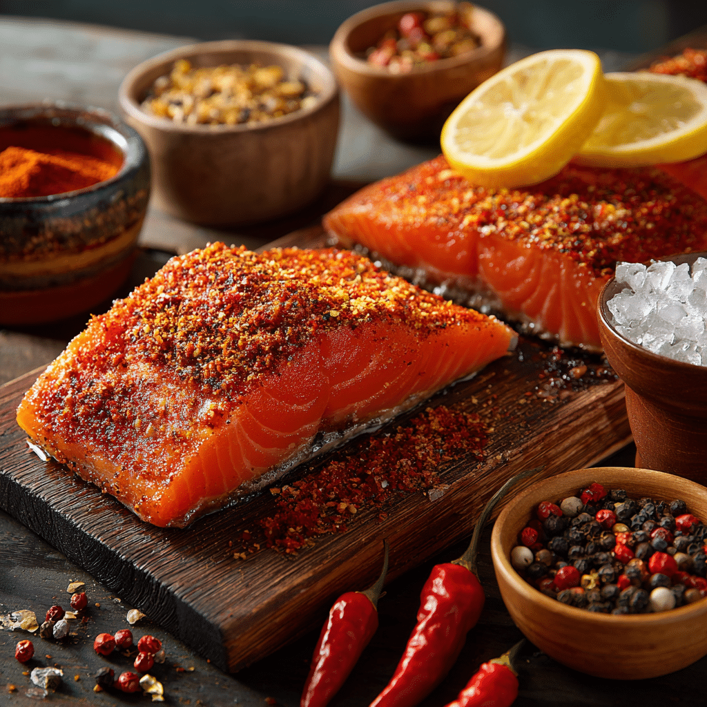 Master the Smoked Salmon Rub Recipe: 7 Blends for Perfect Flavor 4 spicy smoked salmon rub on raw salmon fillet