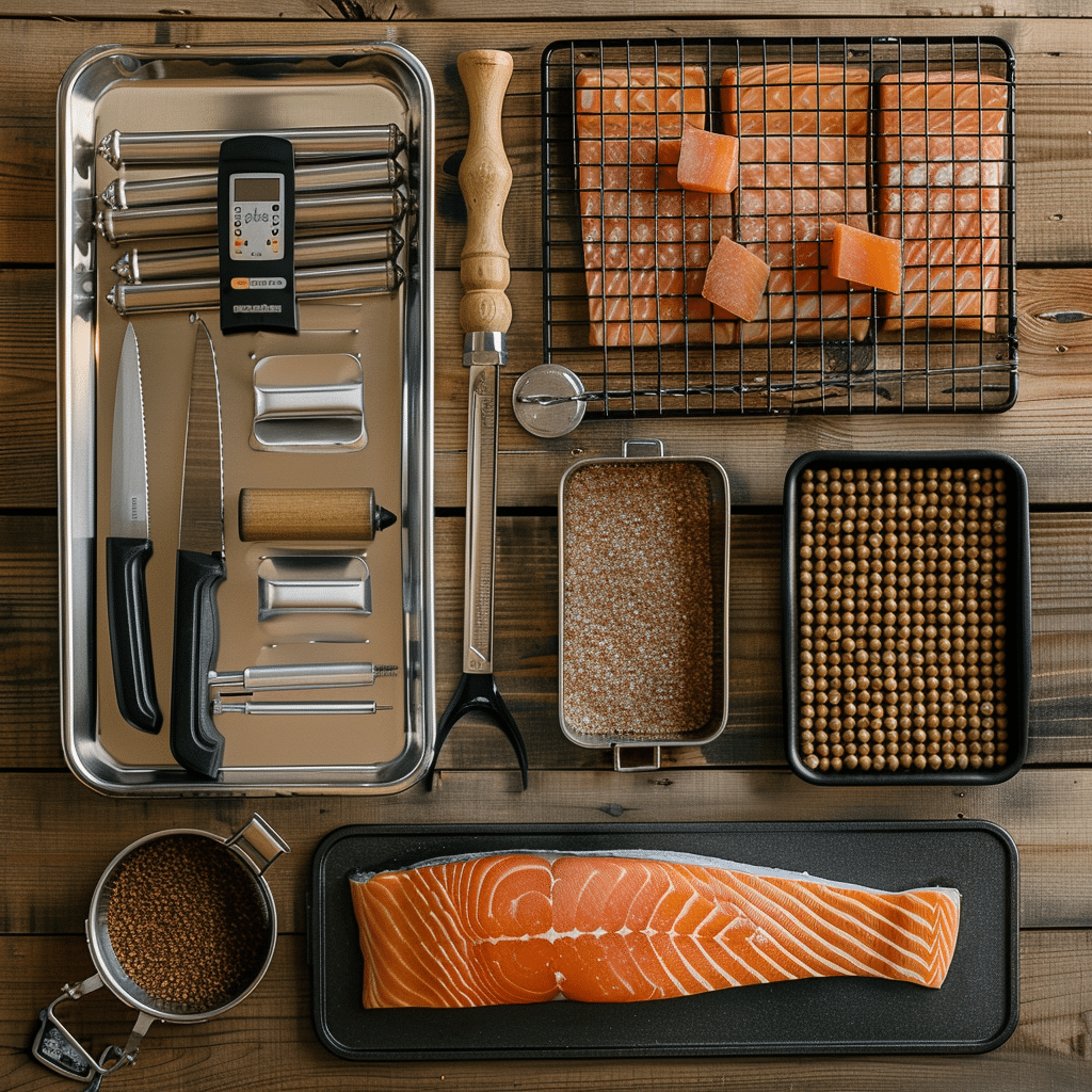 The Ultimate Masterclass: How to Smoke Salmon at Home Like a Pro 6 tools for smoking salmon arranged on a wooden table