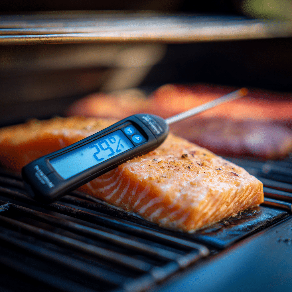The Ultimate Smoked Salmon Recipe Traeger Guide: Fillets, Temperatures, and Marinades 4 Checking Traeger smoked salmon temperature with digital thermometer
