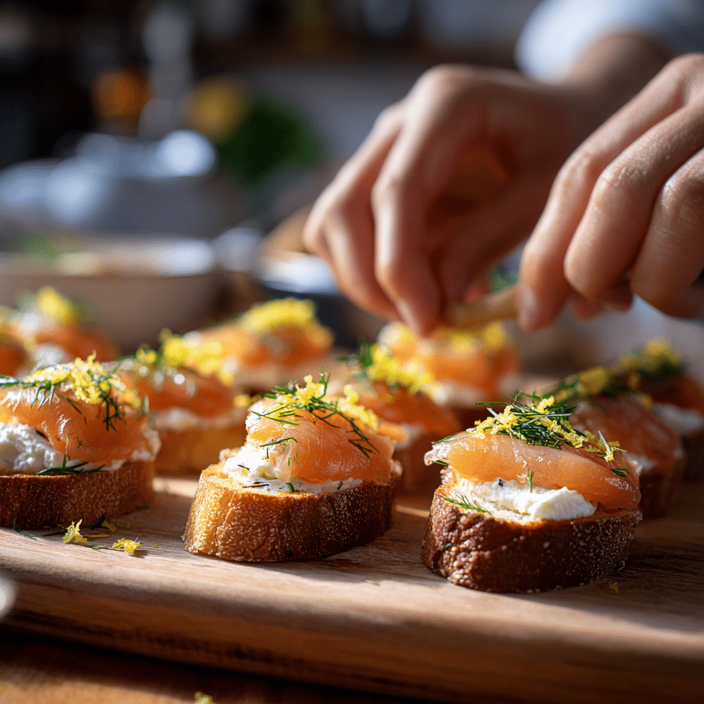 Smoked Salmon Lemon Crostini — A Bright, Zesty Appetizer for Every Occasion 4 assembling smoked salmon lemon crostini with lemon zest garnish