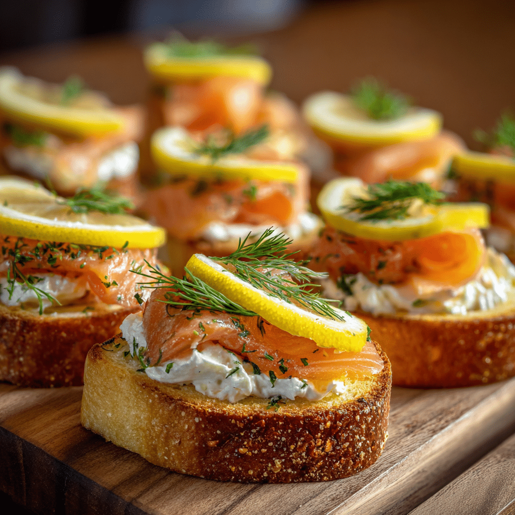 smoked salmon crostini platter with cream cheese and lemon