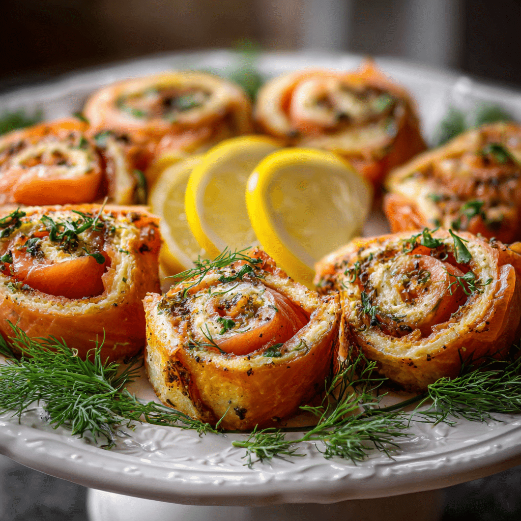 serving easy smoked salmon pinwheels with dill garnish