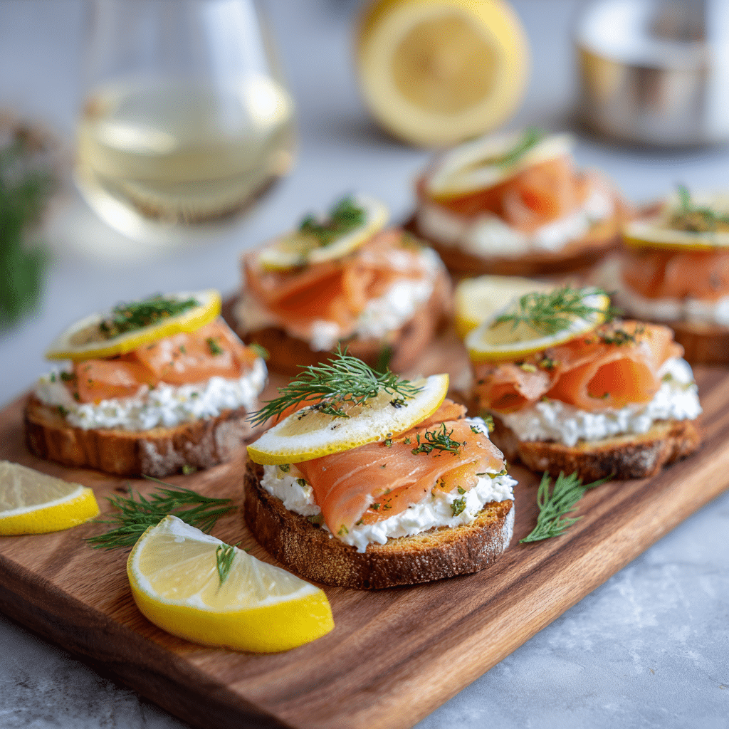 smoked salmon ricotta crostini platter with lemon and dill