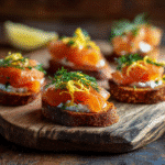 smoked salmon lemon crostini on toasted baguette with lemon zest