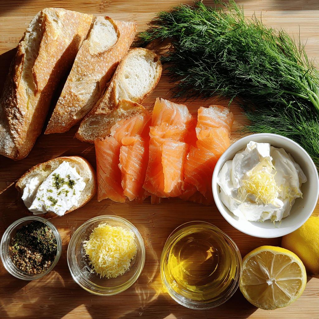 Smoked Salmon Lemon Crostini — A Bright, Zesty Appetizer for Every Occasion 3 ingredients for smoked salmon lemon crostini including lemon zest and dill