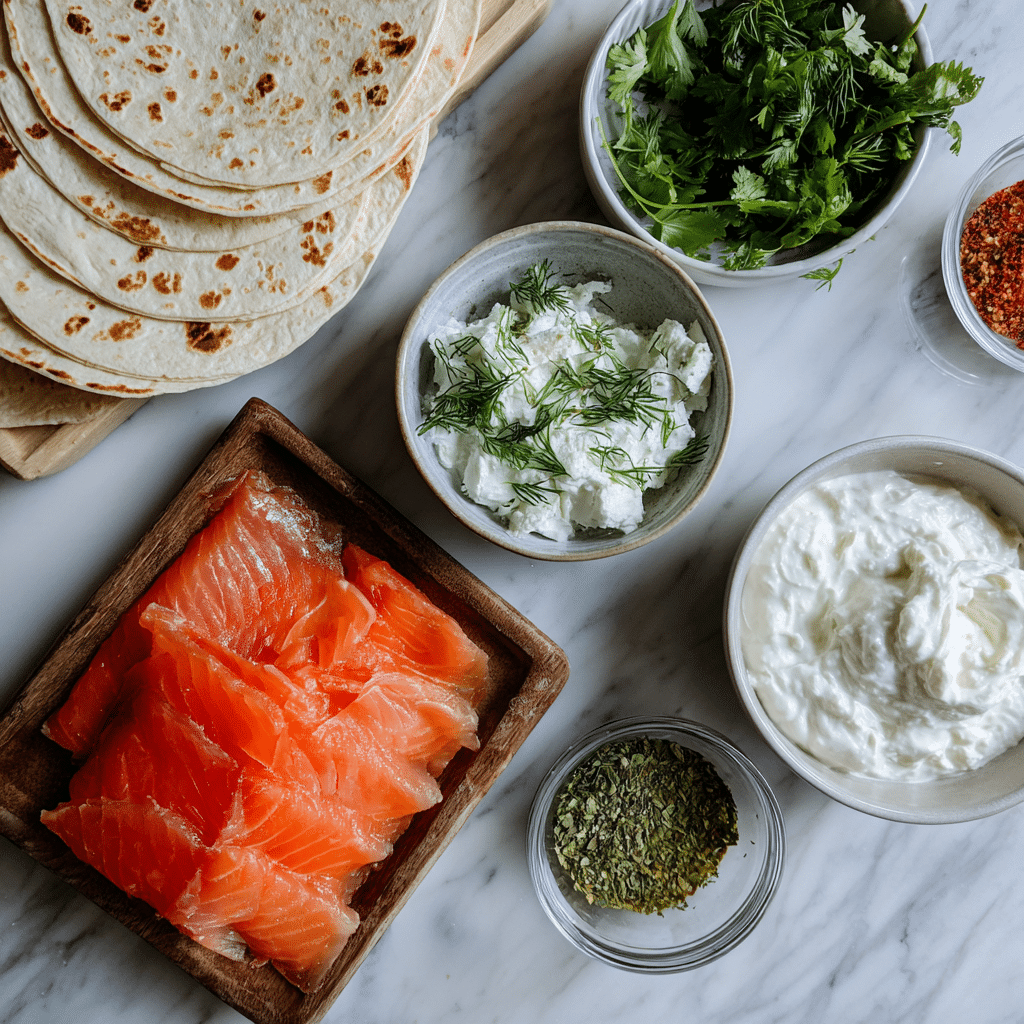 ingredients for easy smoked salmon pinwheels on marble counter