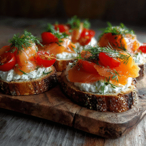 smoked salmon ricotta crostini with dill and tomato on toasted bread