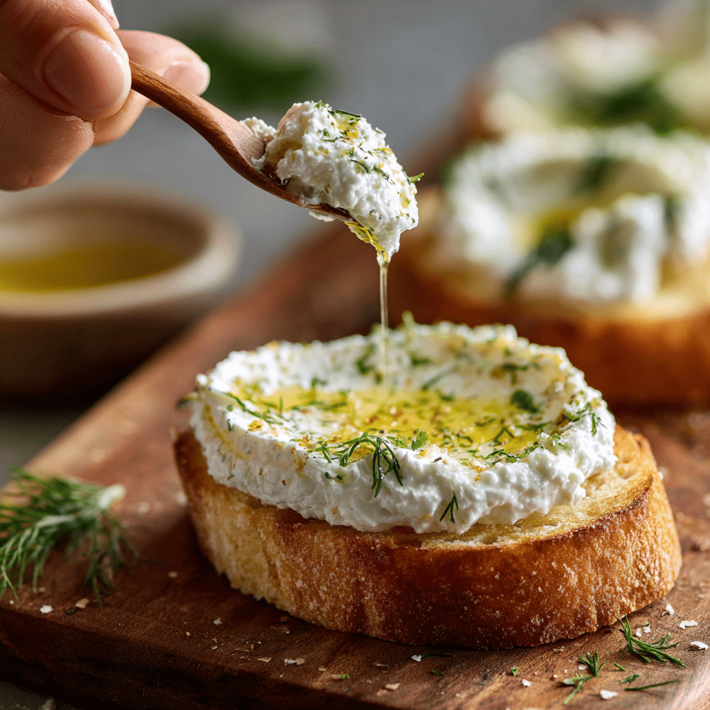 whipped ricotta spread on crostini toast